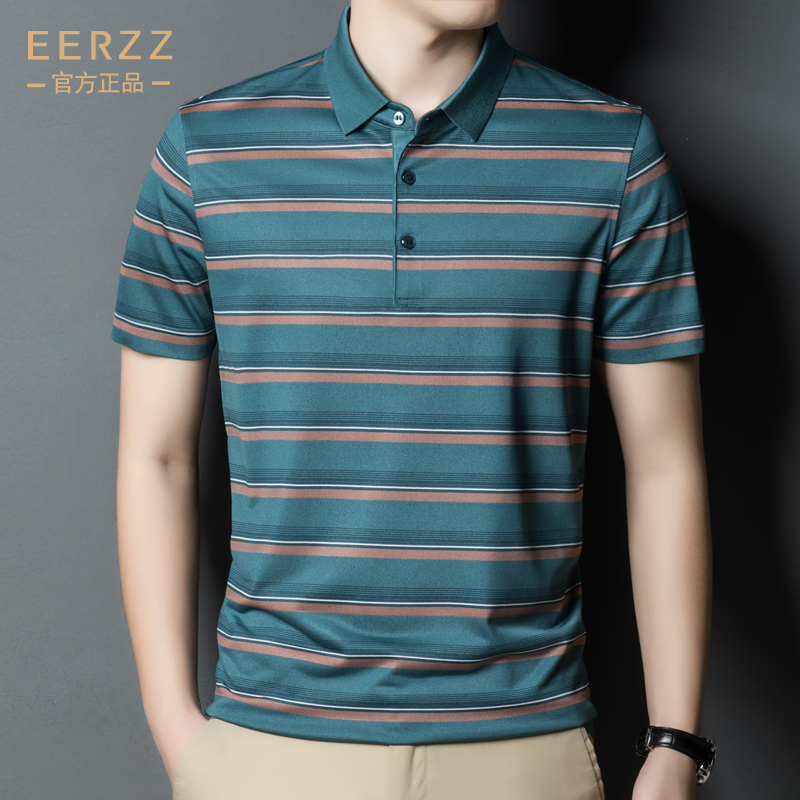 鄂尔多斯市产桑蚕丝短袖t恤男翻领冰丝中青年条纹薄款夏季爸爸装