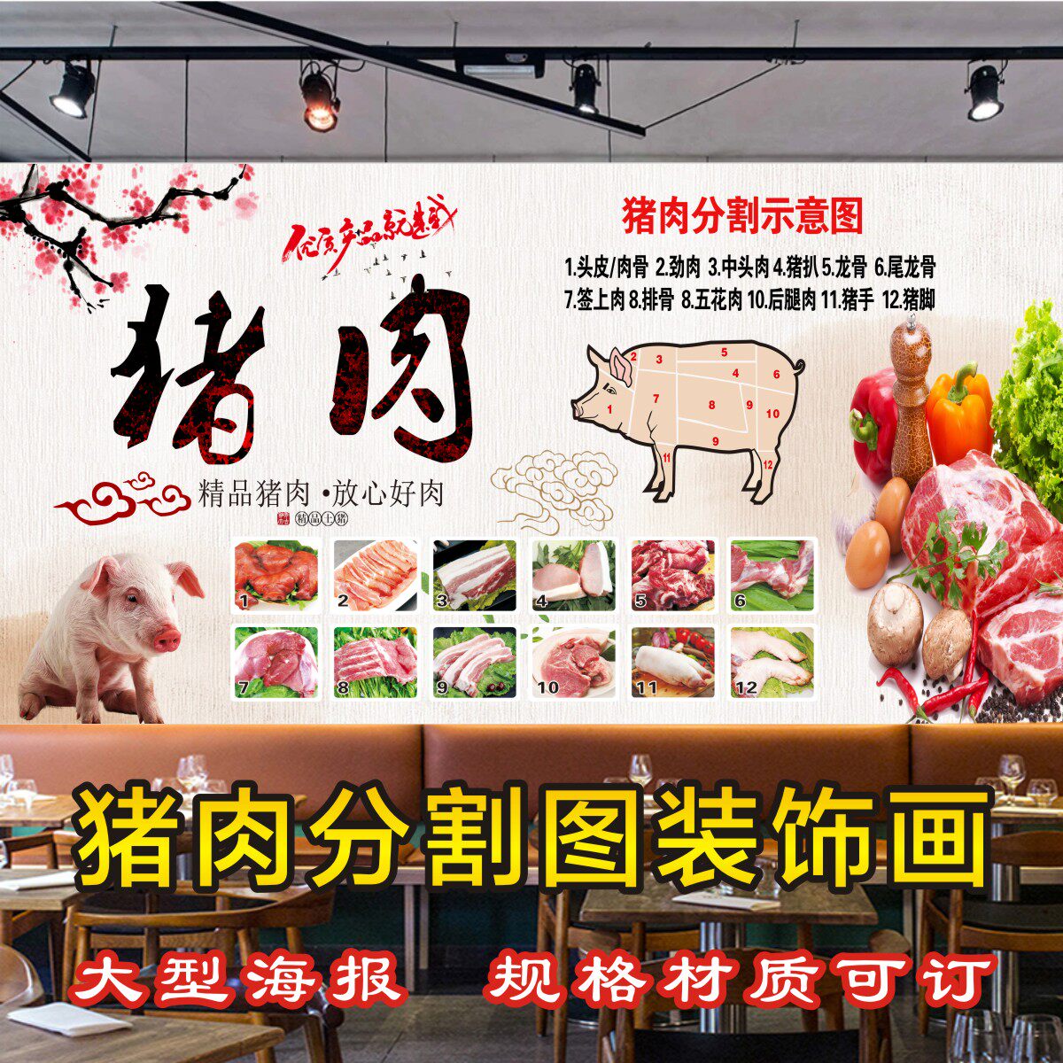 猪肉超市生鲜肉类牛肉海报超大装饰墙贴分割墙贴