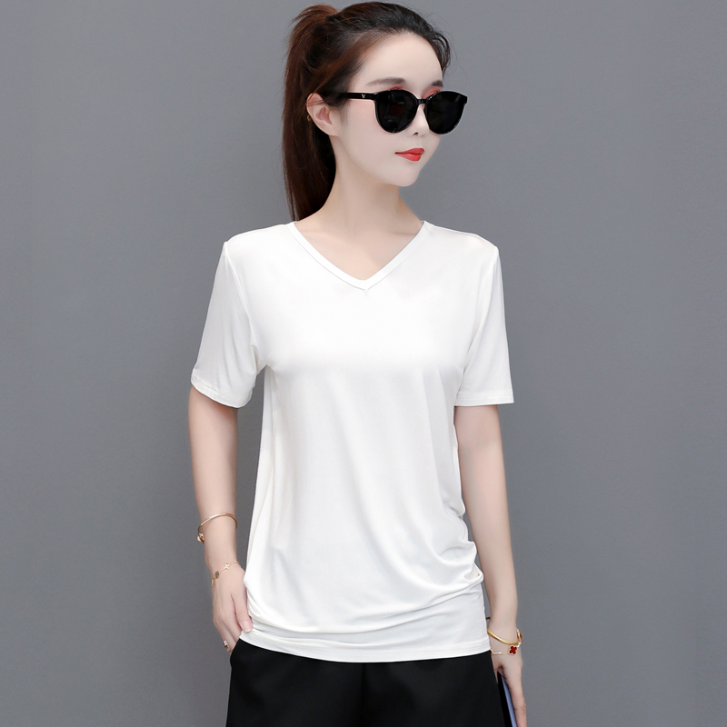 莫代尔恤女短袖夏季韩版领遮肚显百搭纯色宽松t恤
