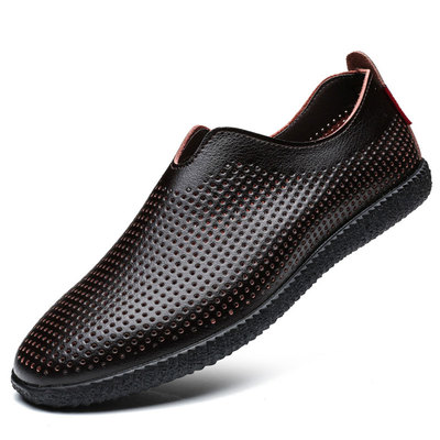 夏季真皮凉鞋男软底防滑镂空皮鞋透气洞洞男鞋一脚蹬中老年爸爸鞋