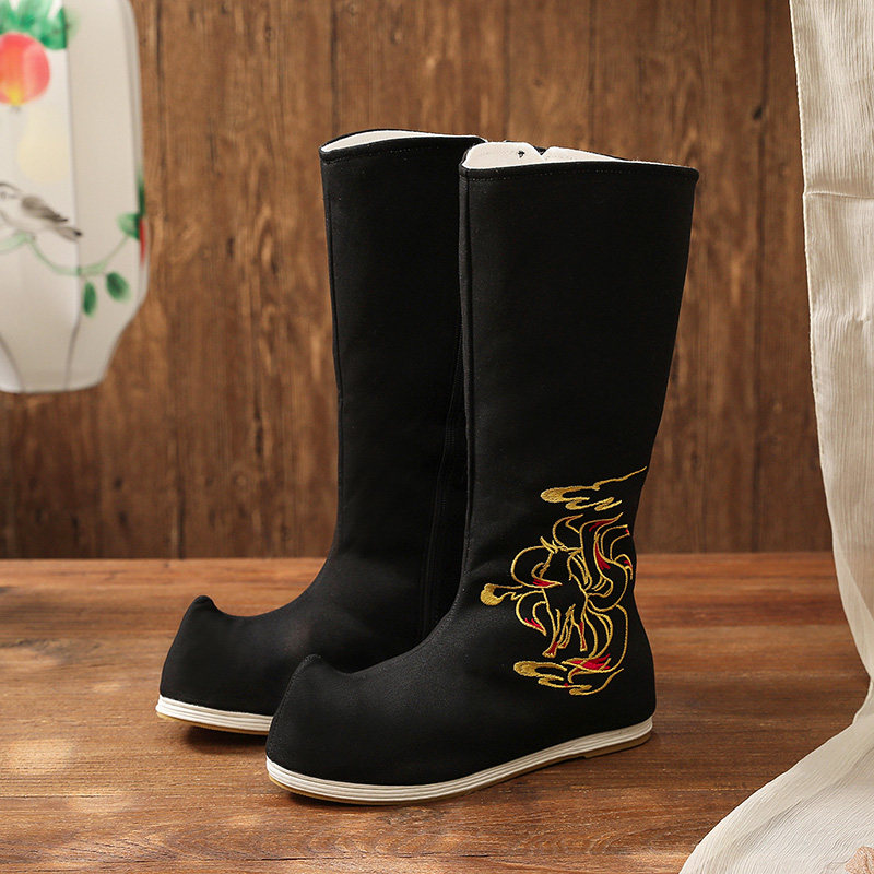 春季汉服鞋男靴子百搭古风靴高筒拉链男士古装时装靴