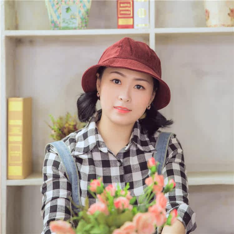 可爱日本学生帽小黄帽班帽樱桃小丸子灯芯绒渔夫帽子夏季遮阳盆帽