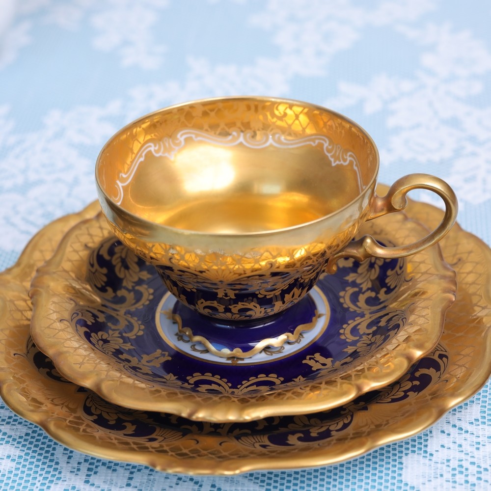 现货德国rosenthal洛可可满地钴蓝金花纹饰鎏金茶杯咖啡杯