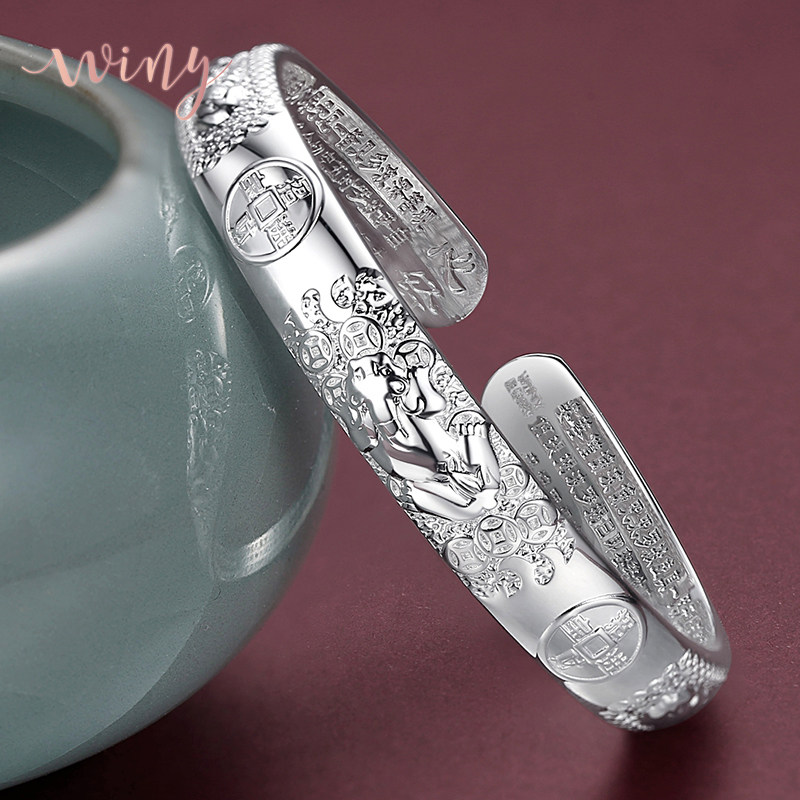 winy999纯银手镯女貔貅钱币银镯子传统送妈妈款开口实心银镯约40g