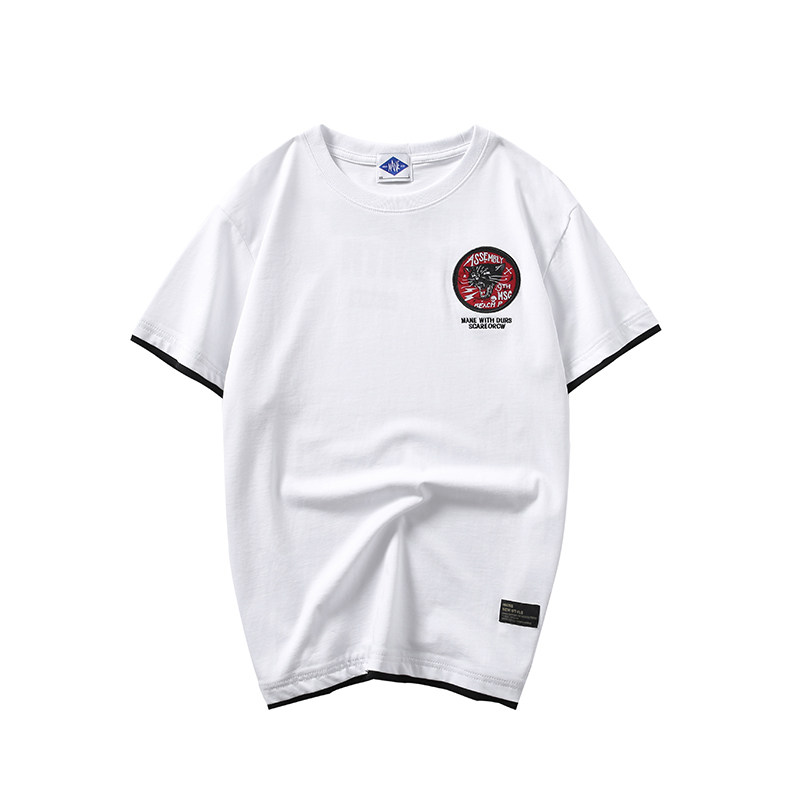 mane潮牌男装港风半袖拼接体恤男学生假两件老虎刺绣拼袖t恤休闲