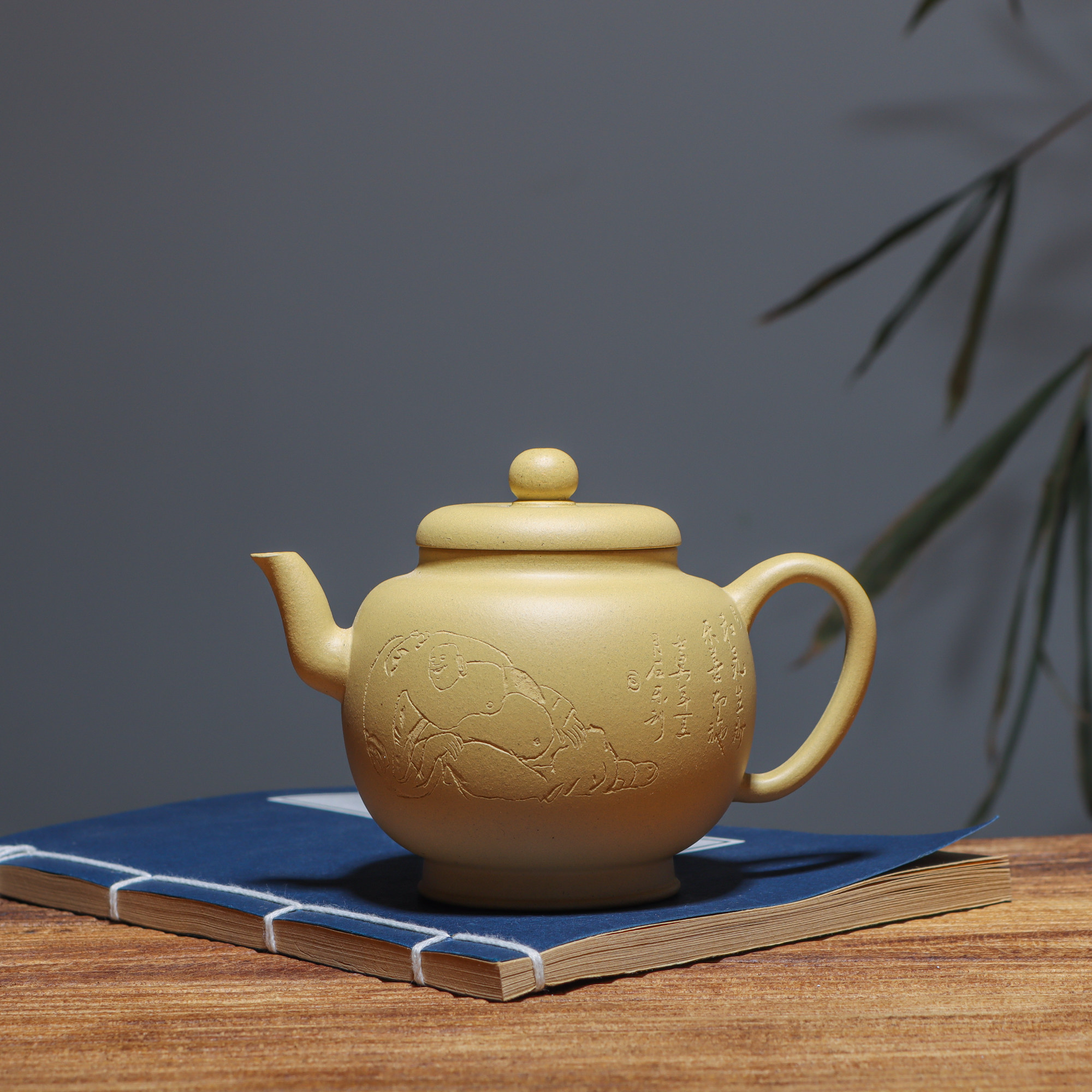 宜兴手工紫砂壶段泥刻高士茶壶家用手泡茶茶具礼品茶壶