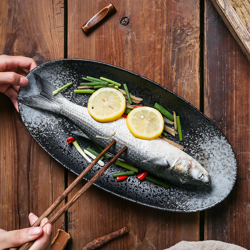 日式陶瓷鱼盘商用餐厅创意餐具家用蒸鱼盘子盘