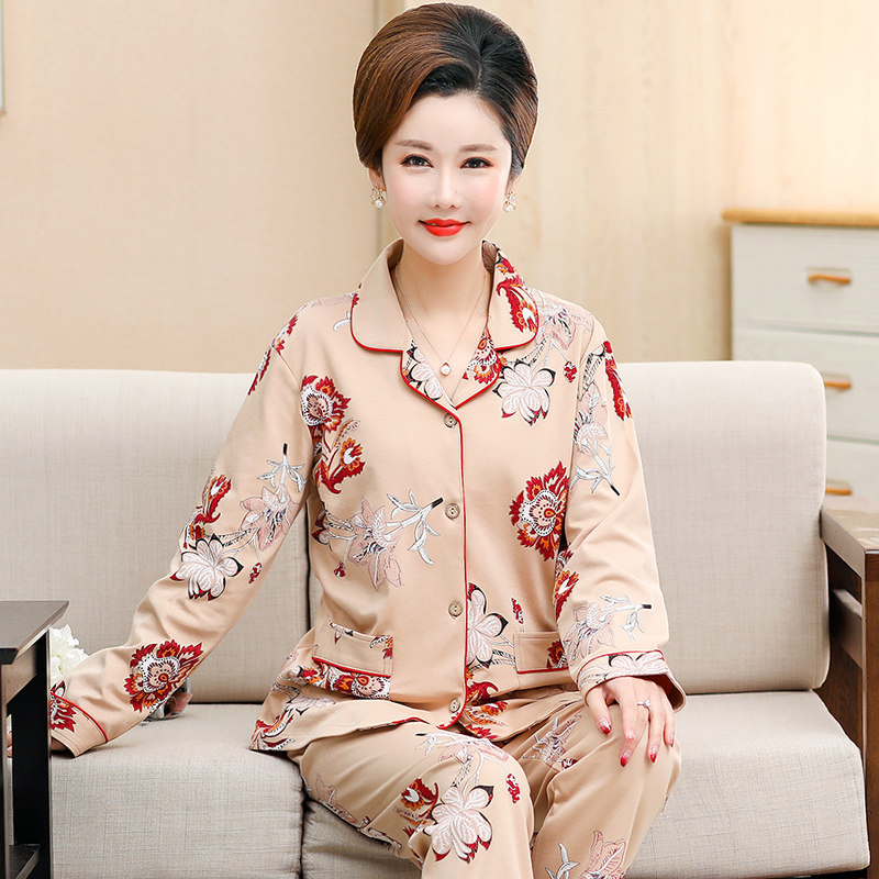 中老年女士长袖纯棉睡衣中年妈妈春秋睡衣