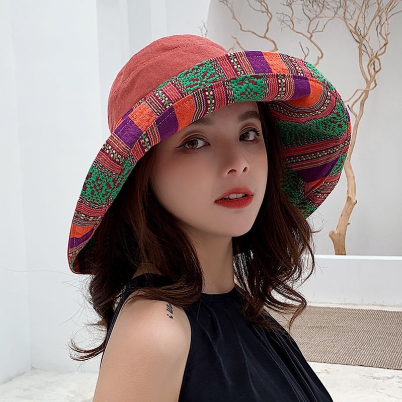 民族风渔夫可折叠双面女士大沿遮阳帽时尚旅游度假防晒帽子