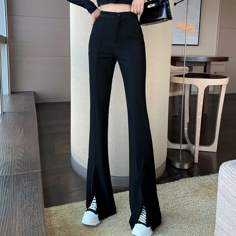 前开叉裤子女新款高腰微喇叭裤显瘦韩版2021春秋新款修身阔腿长裤
