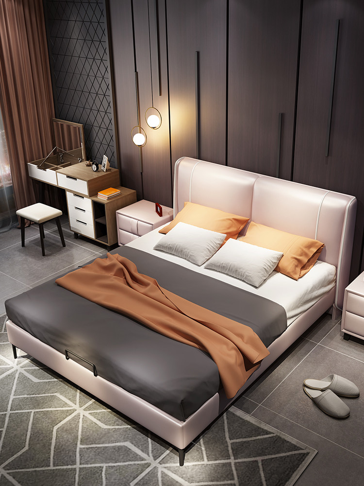 新款轻奢简约现代布艺床主卧可拆洗粉色ins布艺床