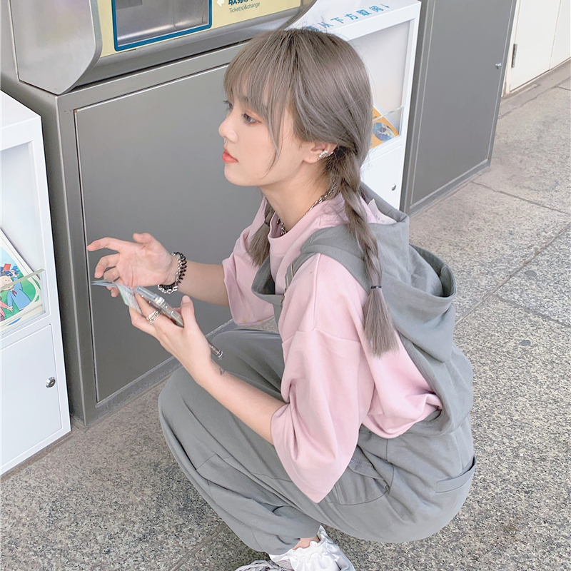 简约乖巧背带长裤女2021新款元气韩版宽松日系可爱显高束脚裤ins