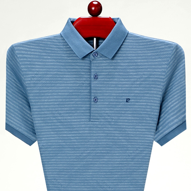 名牌皮尔卡丹桑蚕丝短袖t恤男士中老年爸爸装条纹真丝翻领体恤衫