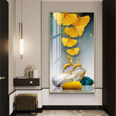 轻奢入户玄关背景背景墙墙布孔雀走廊过道竖版定制壁画