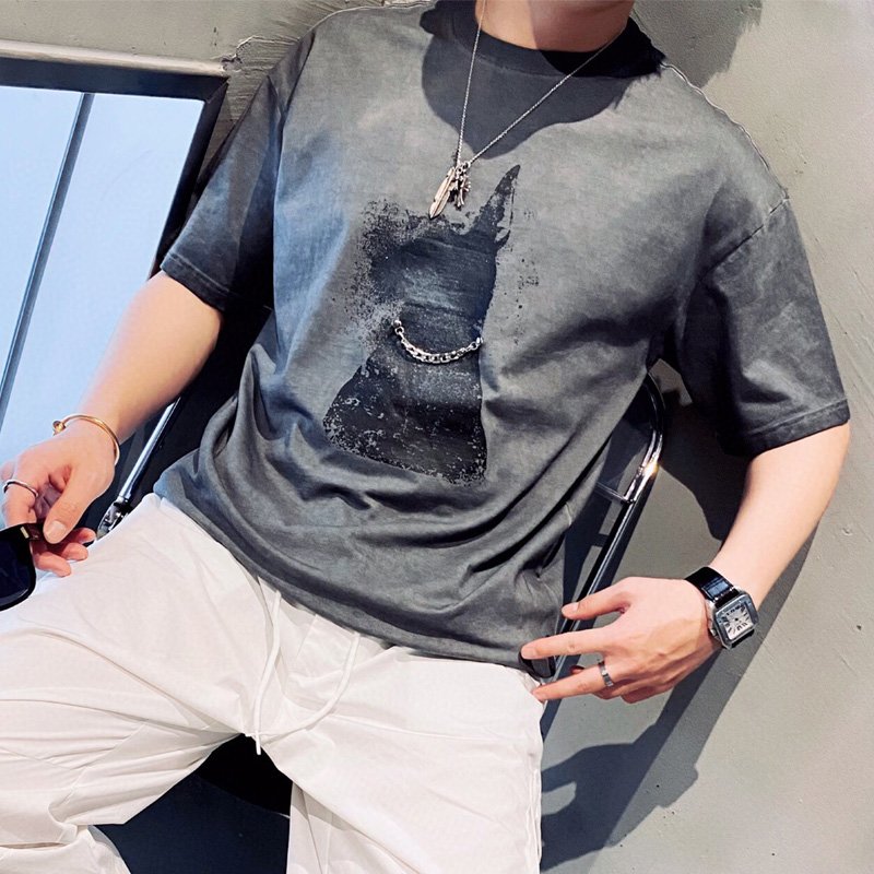 潮牌夏季新款水洗灰项链杜宾犬狗头男女圆领纯棉情侣短袖T恤体恤