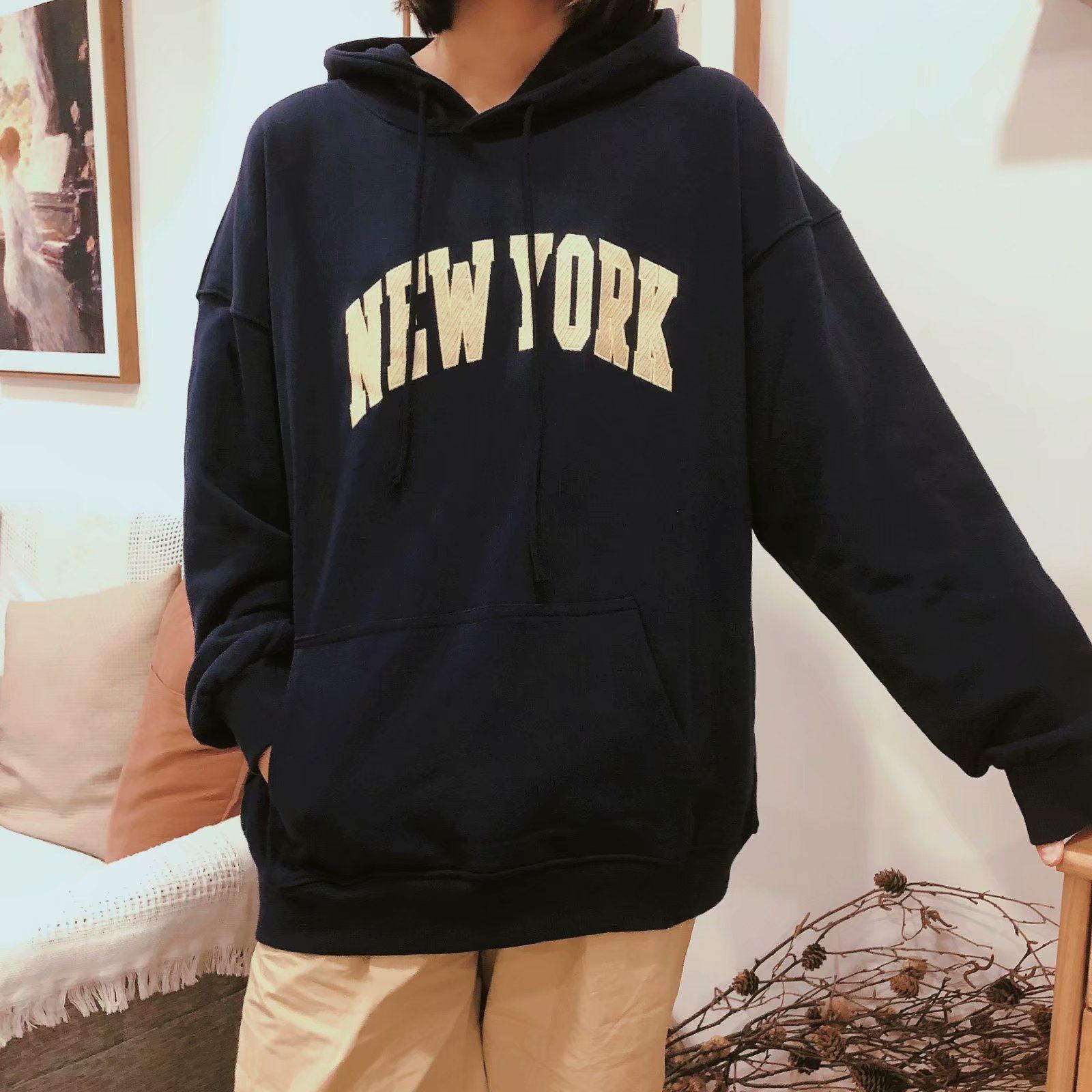 brandymelville学院newyork刺绣连帽宽松bm红色oversized卫衣