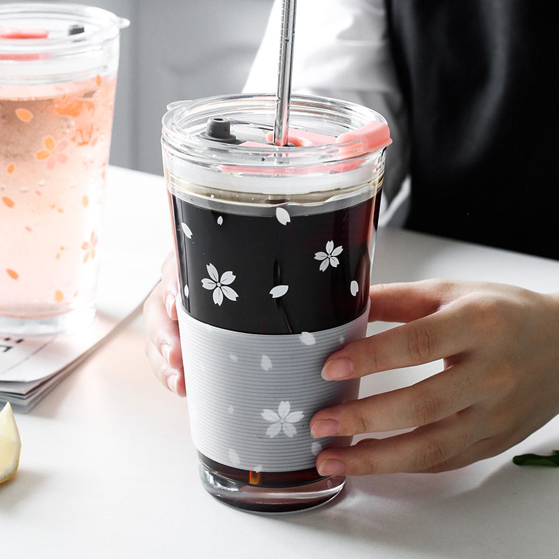 ins网红玻璃吸管杯大人可爱少女心带刻度牛奶杯家用喝水玻璃杯子