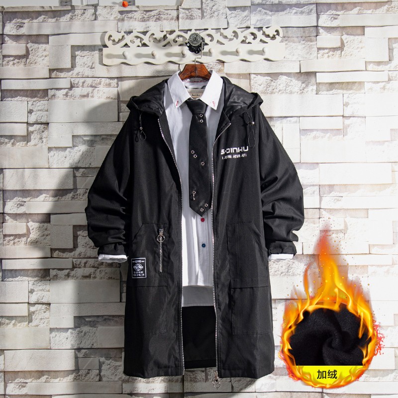 白糖玫瑰21黑色中长款机能加绒风衣外套男连帽宽松痞帅秋冬季大衣