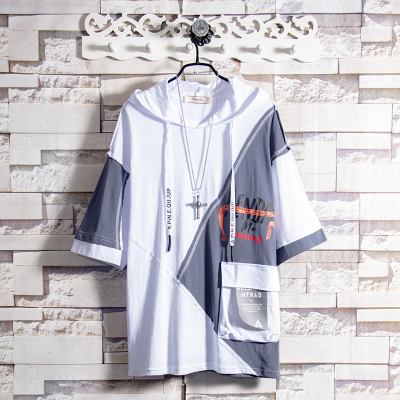 白糖玫瑰2022拼接连帽短袖t恤衫男夏季ins学生帅气cec五分半袖T