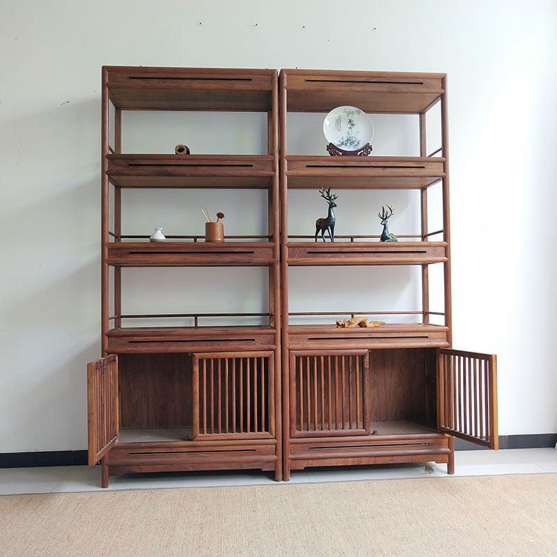 榆木组合书柜实木书架带门落地客厅定制新中式现代简约黑胡桃木色