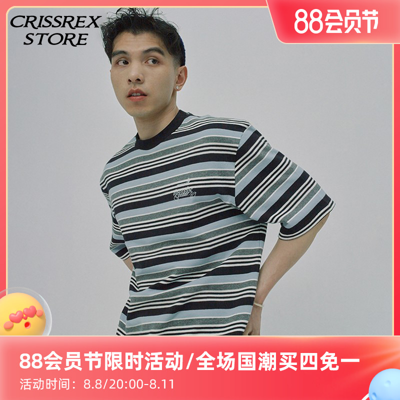 Crissrex Store SAMESAME 夏休闲印花半袖条纹潮大码圆领短袖T恤