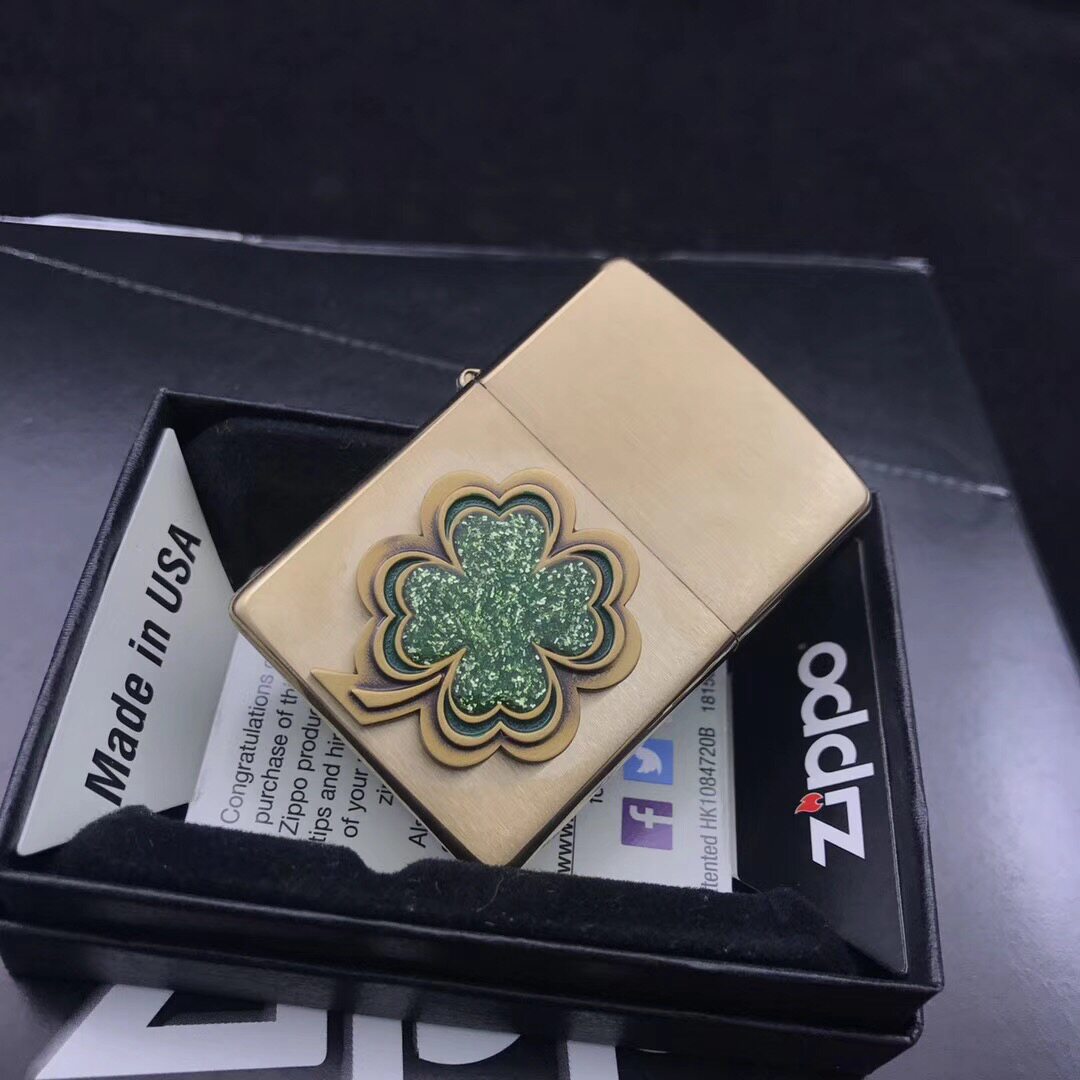 zippo打火机原装正品幸运四叶草绿色徽章纯铜拉丝zippo