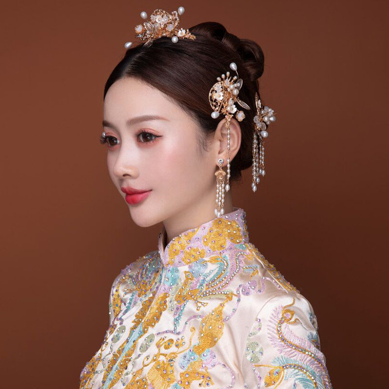 中式婚礼流苏发饰新娘结婚秀禾服头饰古装金色珍珠边夹龙凤袿配饰