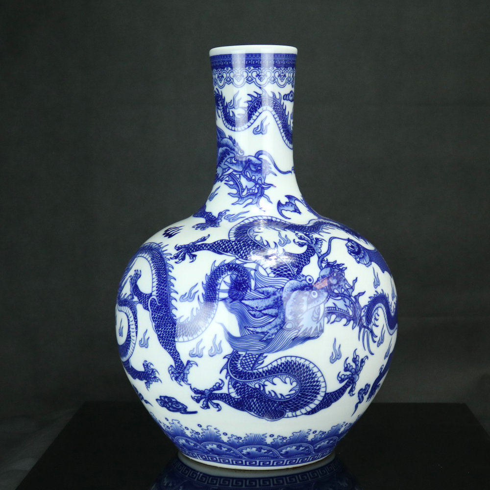 景德镇陶瓷器青花瓷龙纹落地大花瓶天球仿古客厅装饰品花瓶