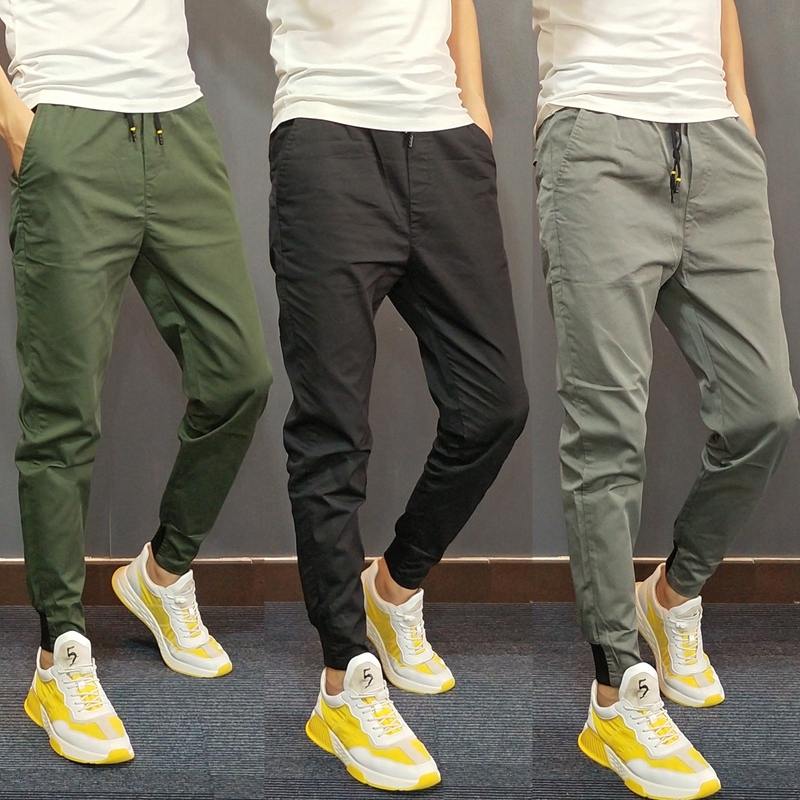 2022秋季修身军绿纯色裤子潮男小脚裤网红同款小伙百搭束脚九分裤