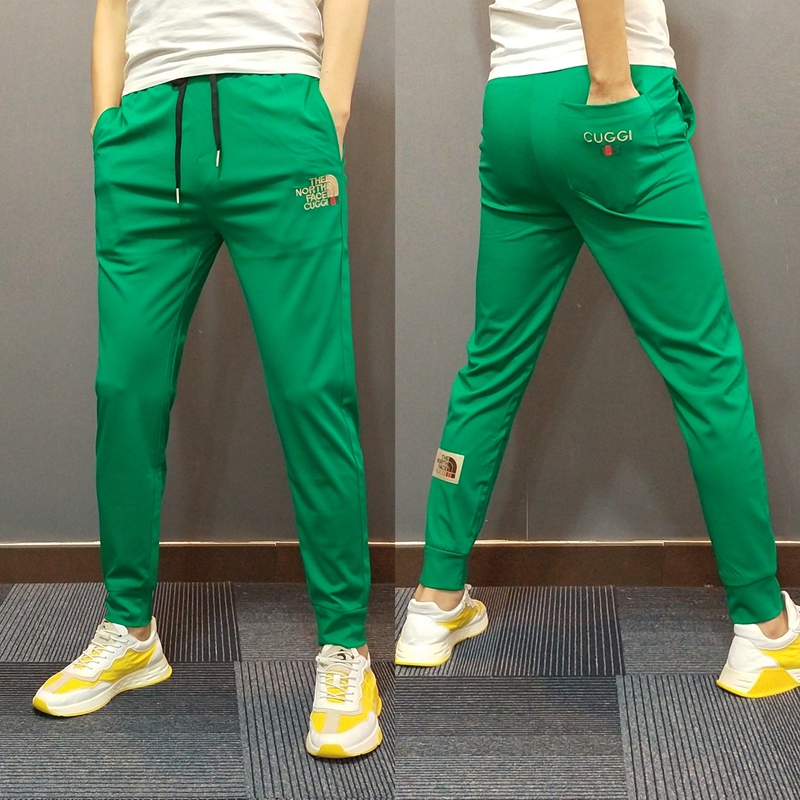 2022夏季薄刺绣休闲冰丝裤子男韩版修身小脚卫裤绿色弹力运动长裤