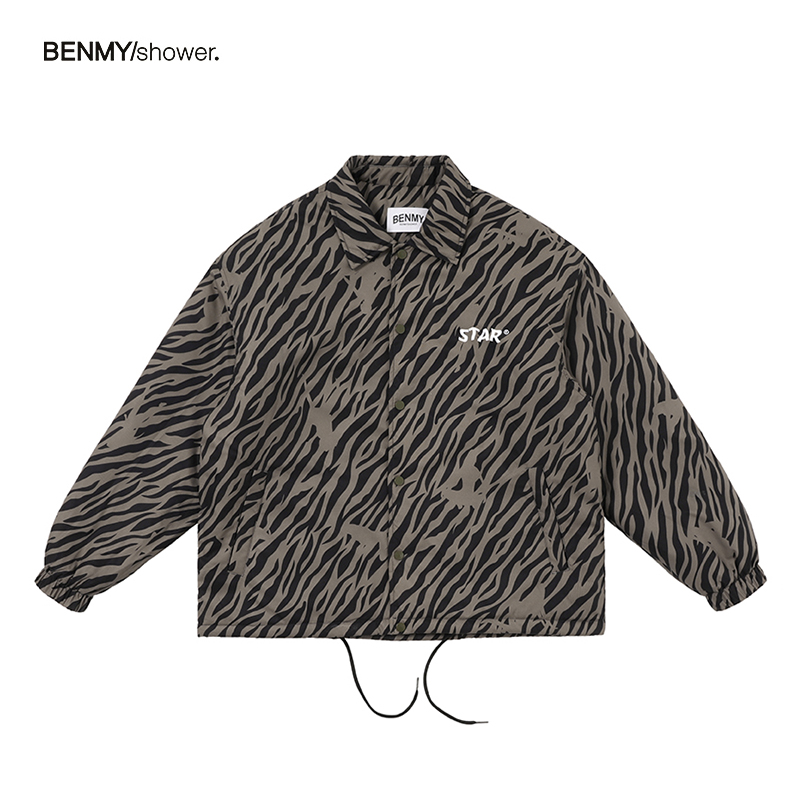 BENMYSHOWER 国潮秋冬虎纹图案棉服外套男 潮牌宽松情侣短款棉衣
