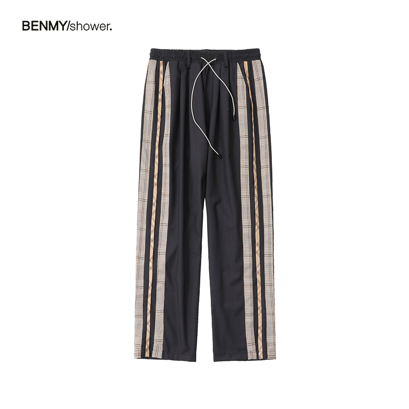 benmyshower国潮侧边条纹直筒休闲裤垂坠感格纹西裤男女长裤潮牌