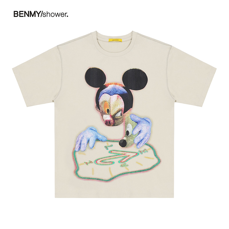 benmyshower国潮短袖男潮牌卡通人物印花T恤宽松百搭体恤半袖情侣