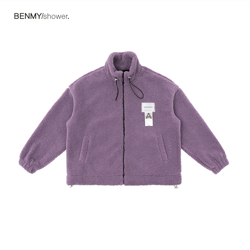 benmyshower国潮羊羔绒外套男潮牌宽松反光标刺绣情侣羊羔毛夹克