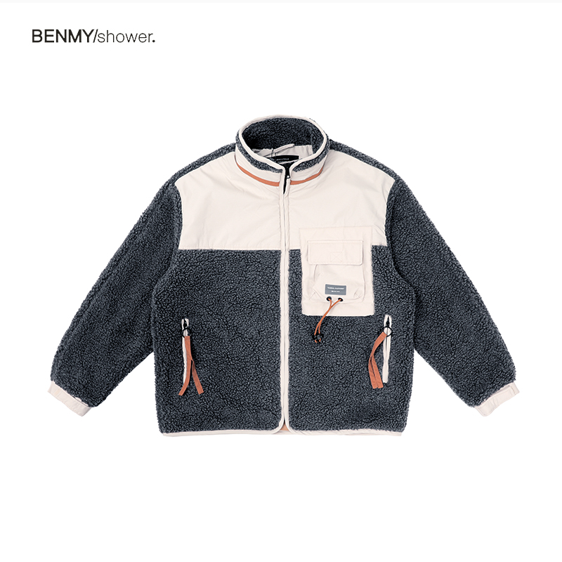 benmyshower国潮拼色羊羔毛外套男潮牌宽松加厚羊羔绒棉衣情侣款