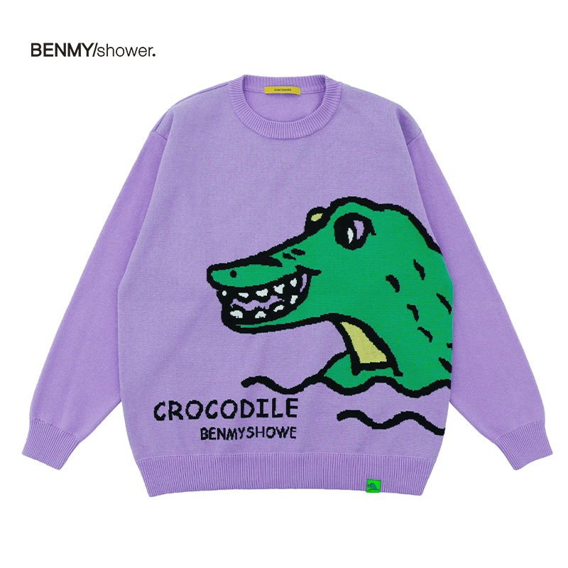 BENMYSHOWER 国潮卡通鳄鱼圆领毛衣潮牌宽松秋冬外穿情侣针织衫