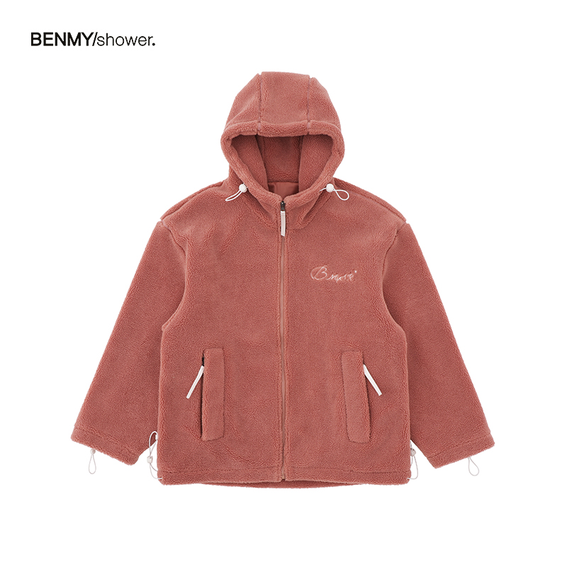 BENMYSHOWER国潮刺绣羊羔绒连帽外套男 宽松情侣羊羔毛加绒棉衣