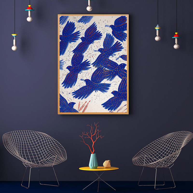 希腊画家alecosfassianos蓝色飞鸟装饰画北欧现代家居现代装饰画