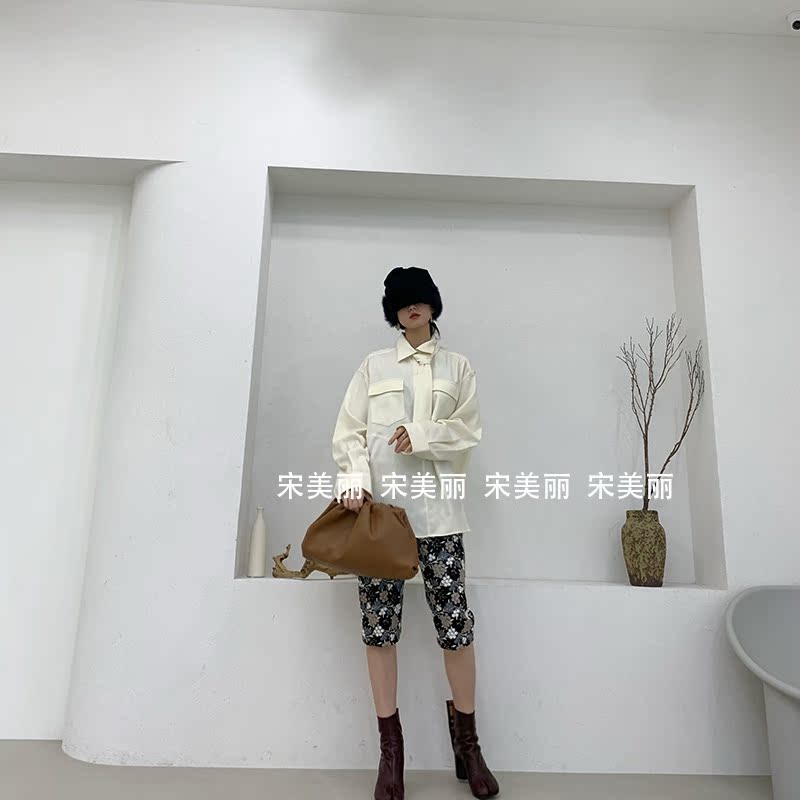 宋美丽韩国设计师2020秋季新款长袖衬衫ych花朵五分裤套装