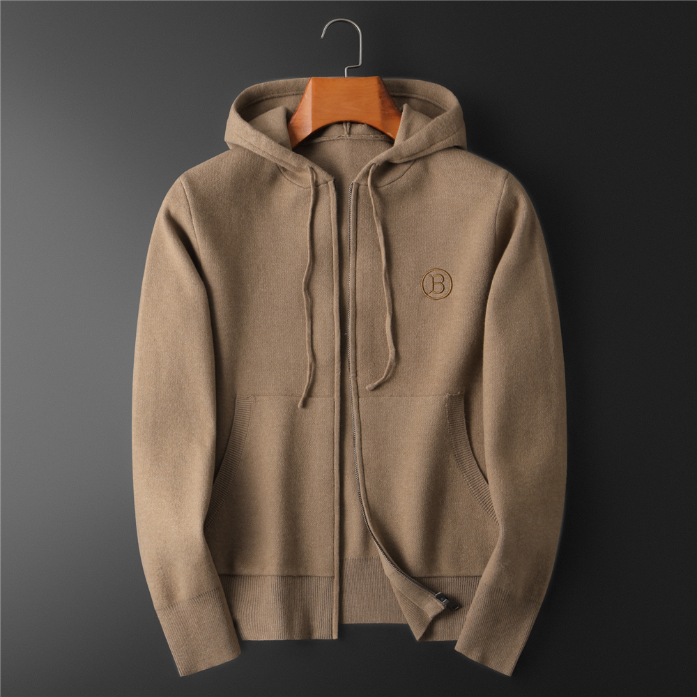 外贸原单春季巴宝莉时尚男士薄款修身韩版纯羊毛开衫针织连帽外套