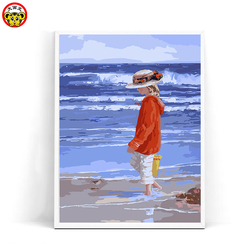 油画diy水彩装饰画风景画数字油画夕阳海边海景海岸沙滩女孩贝壳