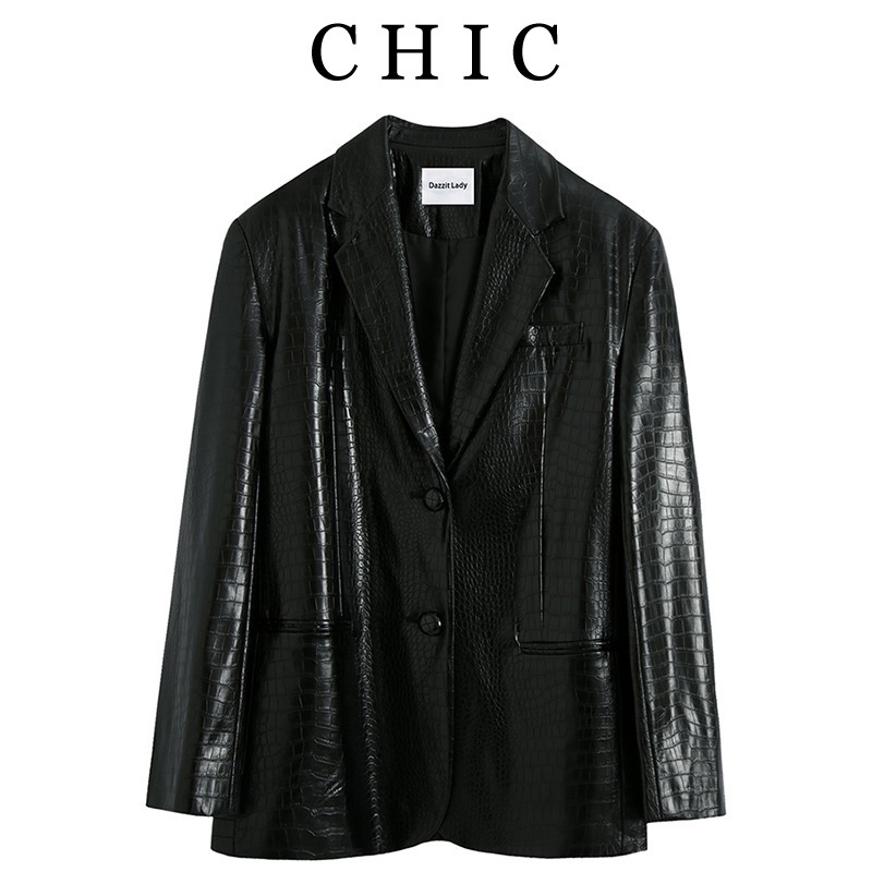 CHIC&AMOCO周冬雨同款 2020复古pu皮小西装外套皮衣女3C3F503