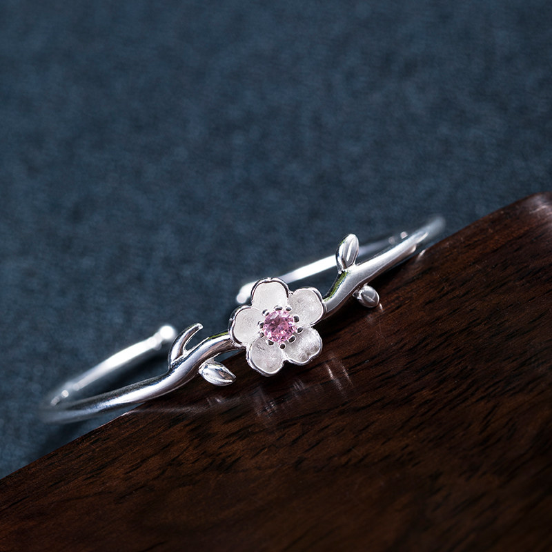 银迷樱花手镯纯银光面古风饰品国风花朵镯子手镯