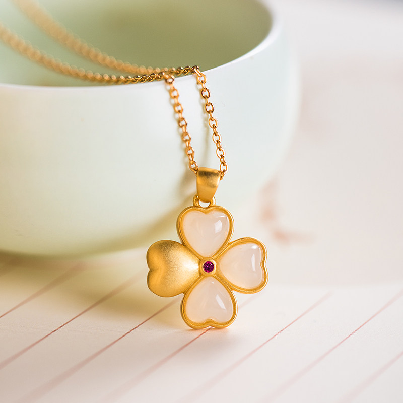 和田四叶草吊坠项链女生s925纯银镀金金色气质简约项链