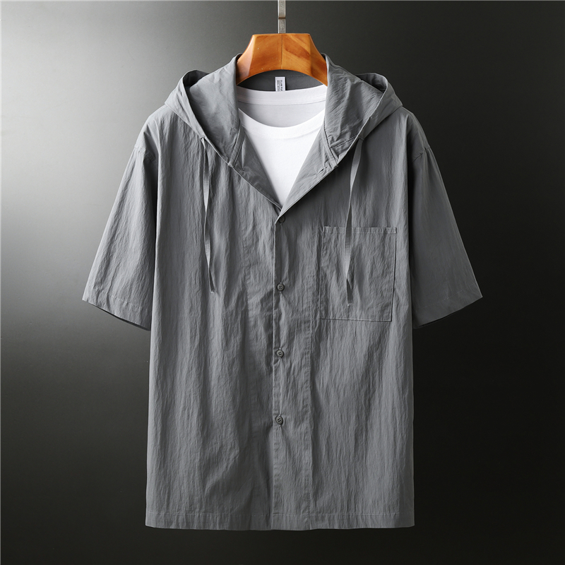 连帽短袖衬衫男 青年宽松衬衣男夏季上衣 薄款
