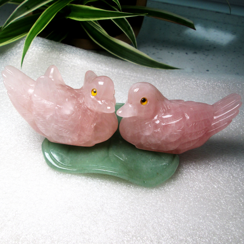 开光粉水晶鸳鸯摆件一对姻缘风水卧室床头促爱情天然桌面摆设饰品