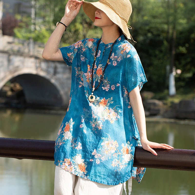 森绘服饰民族风苎麻连衣裙2021夏款女装复古印花连衣裙