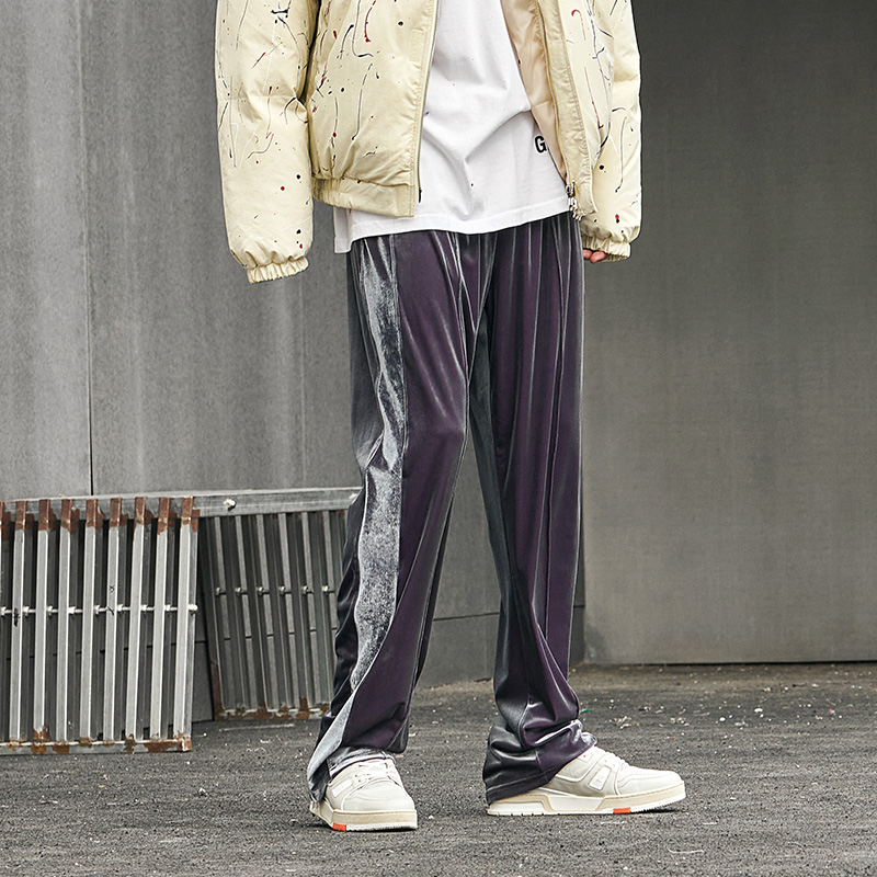 侧边拼接条纹丝绒裤长裤休闲裤脚口拉链宽松潮流直筒裤男女非FOG