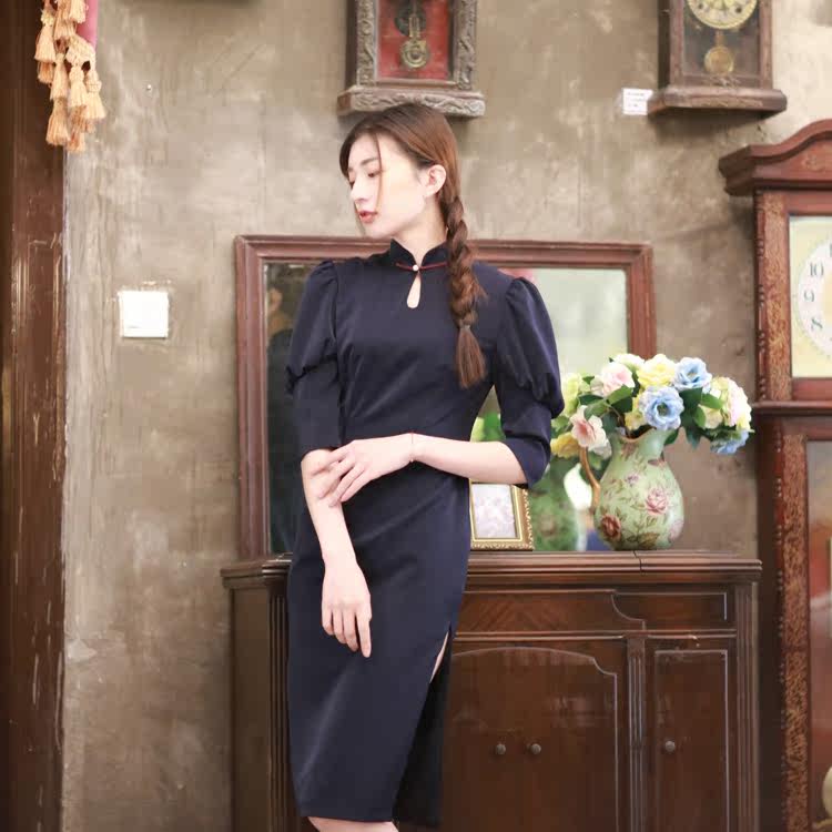 来情丝 华胥国定制18夏新品时尚休闲改良泡泡袖中长版旗袍连衣裙