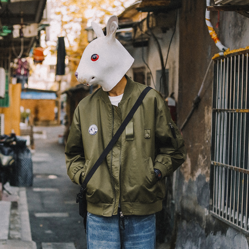 兔先森自制春秋季宽松复古贴标MA-1飞行夹克男潮牌棒球服工装外套